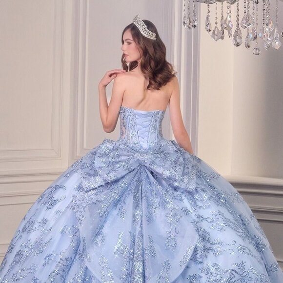 New Blue Strapless Layered Quinceanera Tulle Gown w/ Sequins Embroidery CD 15732 - Picture 7 of 11